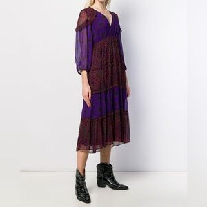 BA&SH Robe Gypsie Midi Dress Purple  Print Boho Lagen Indie Dress Size 2